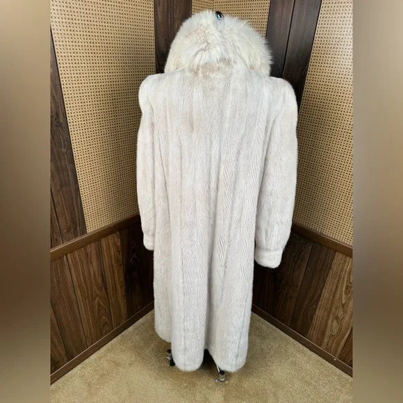 STUNNING VINTAGE FULL LENGTH IVORY CREAM MINK & FOX COLLAR FUR COAT JACKET XL - Picture 5 of 10